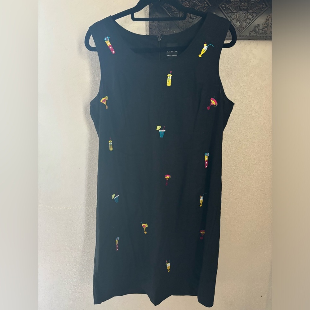 Erika petite 14 black dress linen blend with fun embroidered drinks